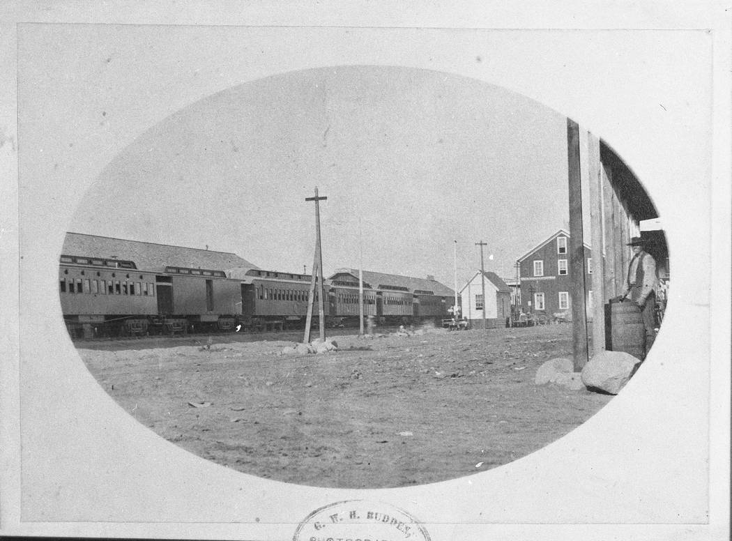 The Central Pacific's directors car, far left, is seen in Reno on June 9, 1870. The car, now known as V&T Coach No. 17, will be on display at the Nevada State Railroad Museum in early 2019. (Phot ...