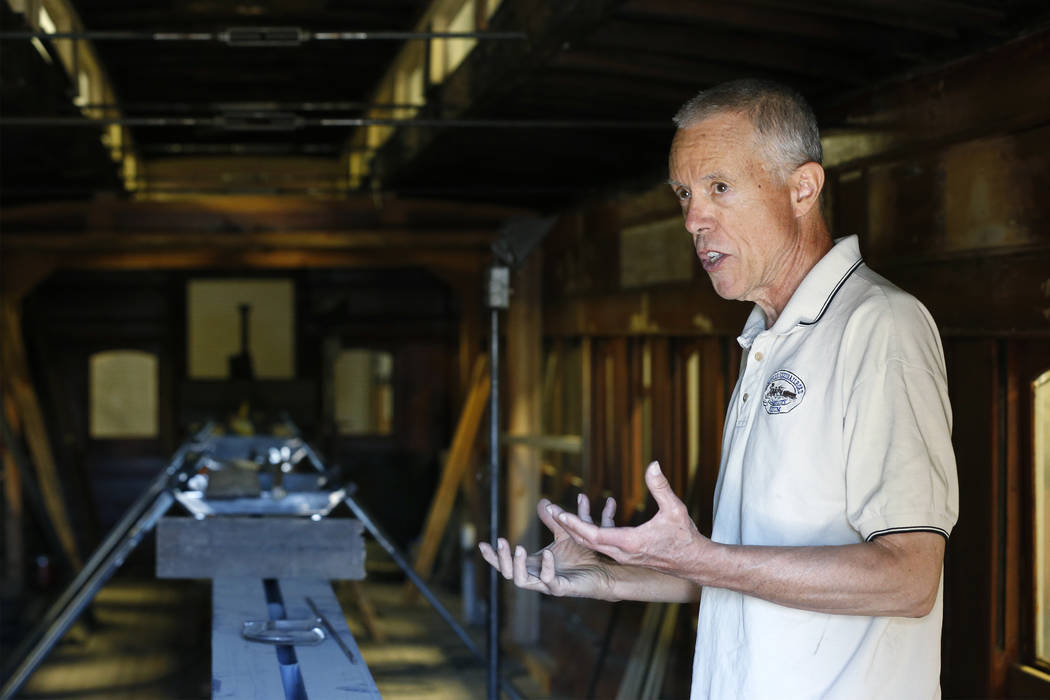 Wendell Huffman, curator of history at the Nevada Railroad Museum, in Carson City, talks about the historic V&T Coach No. 17 on Friday, June 29, 2018. The car, built in 1868, carried dignitaries ...