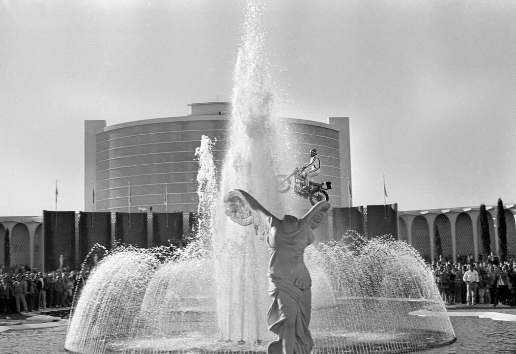 Evel Knievel jumping the fountains at Caesars Palace in 1967. (Las Vegas News Bureau)