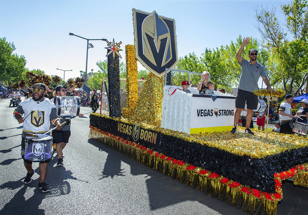 “Vegas Golden Knights: Vegas Born, Vegas Strong,” Summerlin Council Patriotic Parade float featured Vegas Golden Knights defenseman and alternate captain, Deryk Engelland, his wife, Melissa, a ...