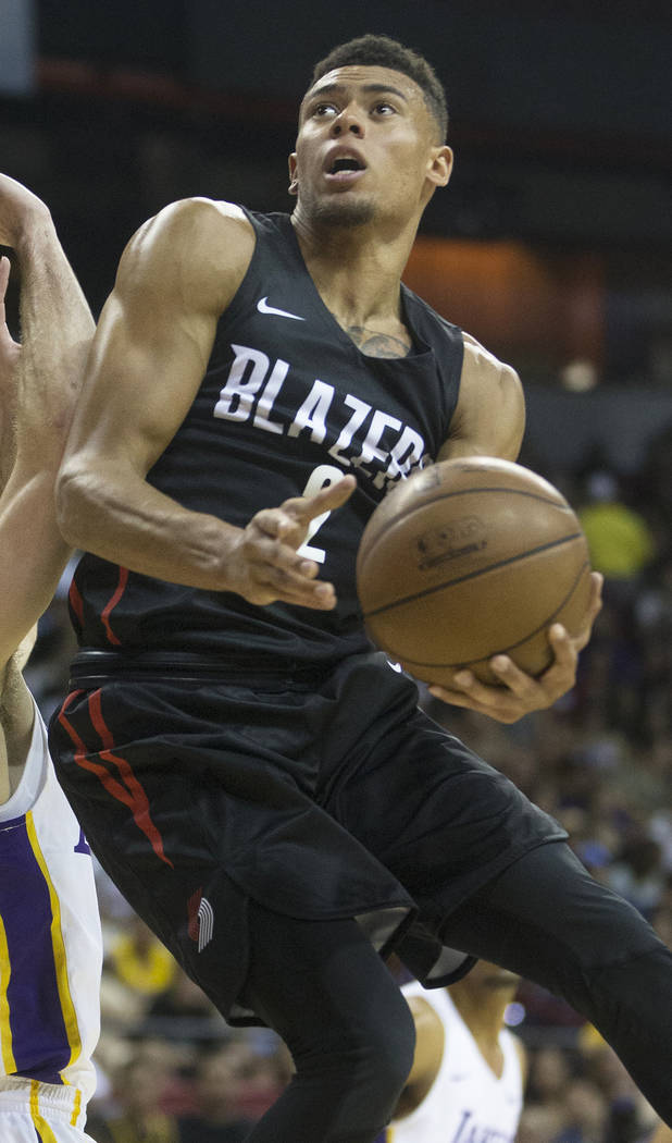 Portland Trail Blazers guard Wade Baldwin IV (2) drives past Los Angeles Lakers forward Sviatoslav Mykhailiuk (10) in the second quarter during the NBA Summer League finals on Tuesday, July 17, 20 ...