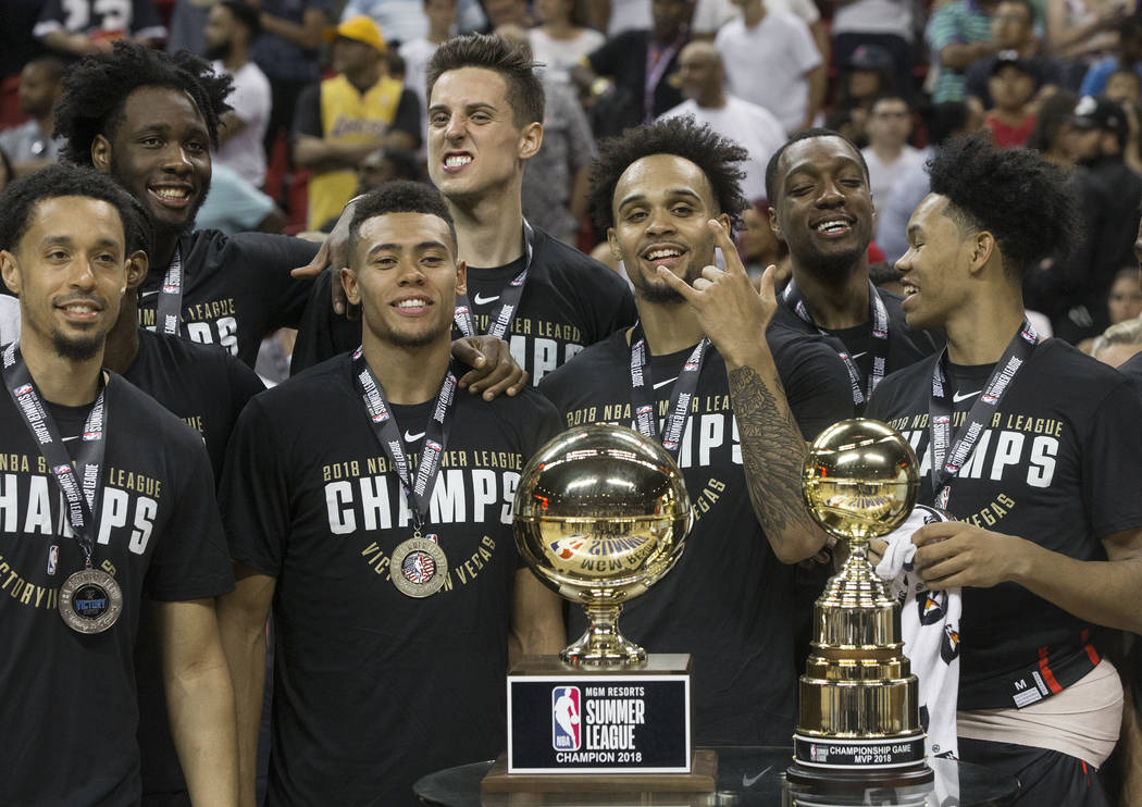 The Portland Trail Blazers celebrate after winning the NBA Summer League finals against the Los Angeles Lakers on Tuesday, July 17, 2018, at the Thomas & Mack Center, in Las Vegas. Benjamin H ...