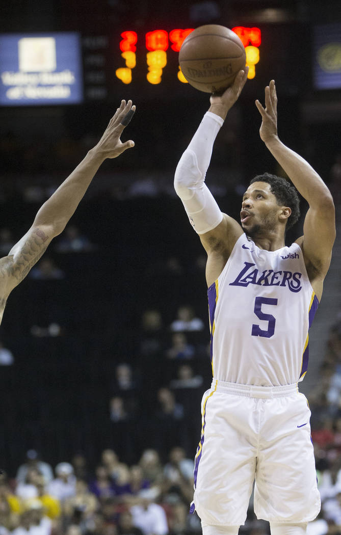 Lakers guard Josh Hart (5) shoots a corner jump shot during Los Angeles' Summer League finals game with the Portland Trail Blazers on Tuesday, July 17, 2018, at the Thomas & Mack Center, in La ...