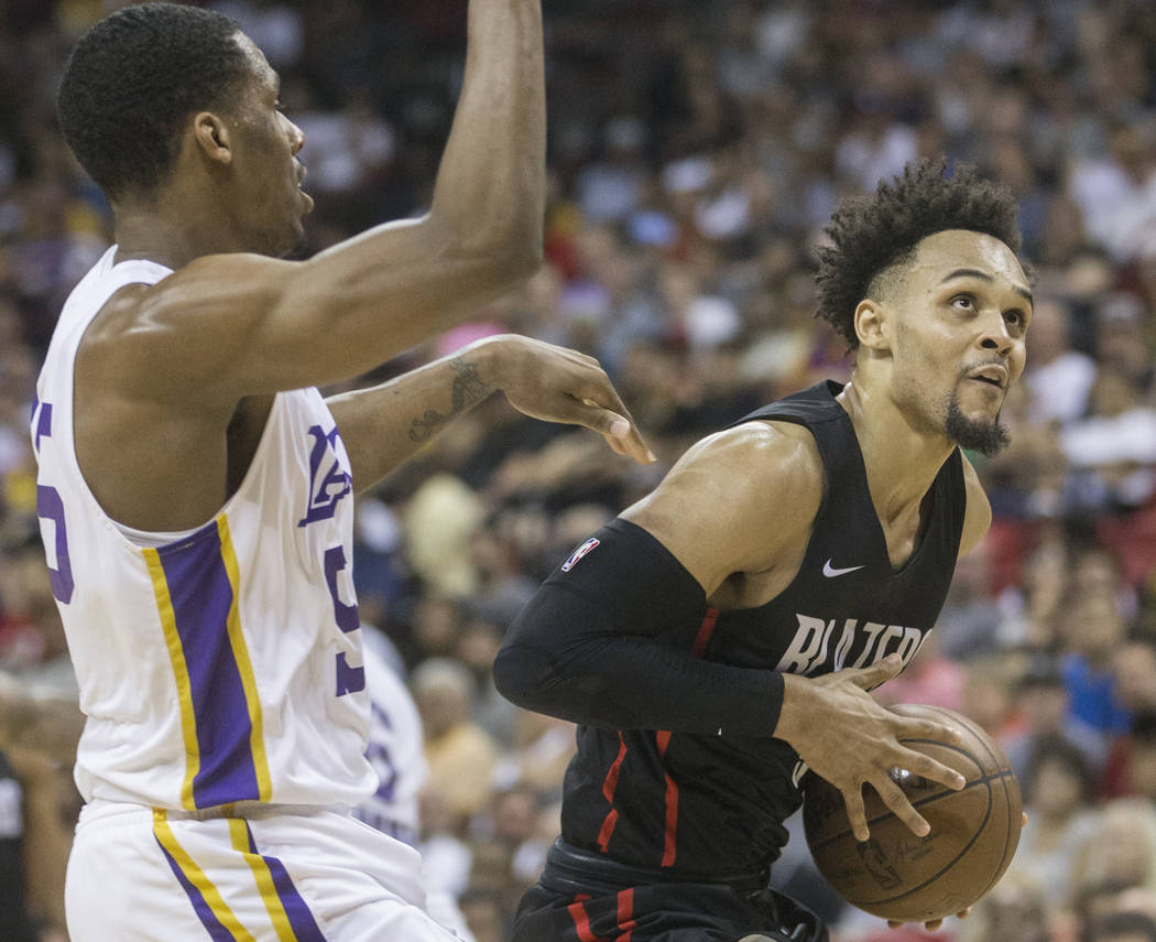 Portland Trail Blazers guard Gary Trent Jr. (9) drives past Los Angeles Lakers forward Nick King (55) in the fourth quarter during the NBA Summer League finals on Tuesday, July 17, 2018, at the Th ...