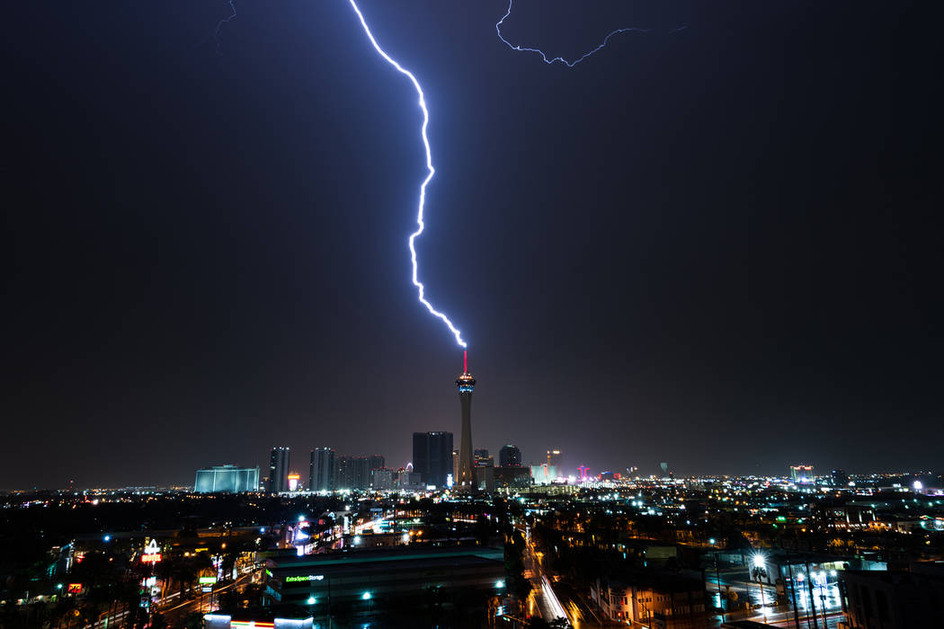 Lightning flashes over the Las Vegas Valley on Monday, July 9, 2018. (Leon Ortiz-Gil via At the Scene)