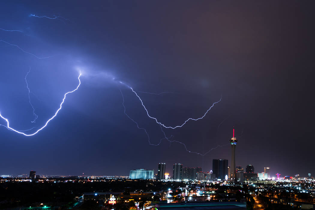 Lightning flashes over the Las Vegas Strip on Monday, July 9, 2018. (Leon Ortiz-Gil via At the Scene)
