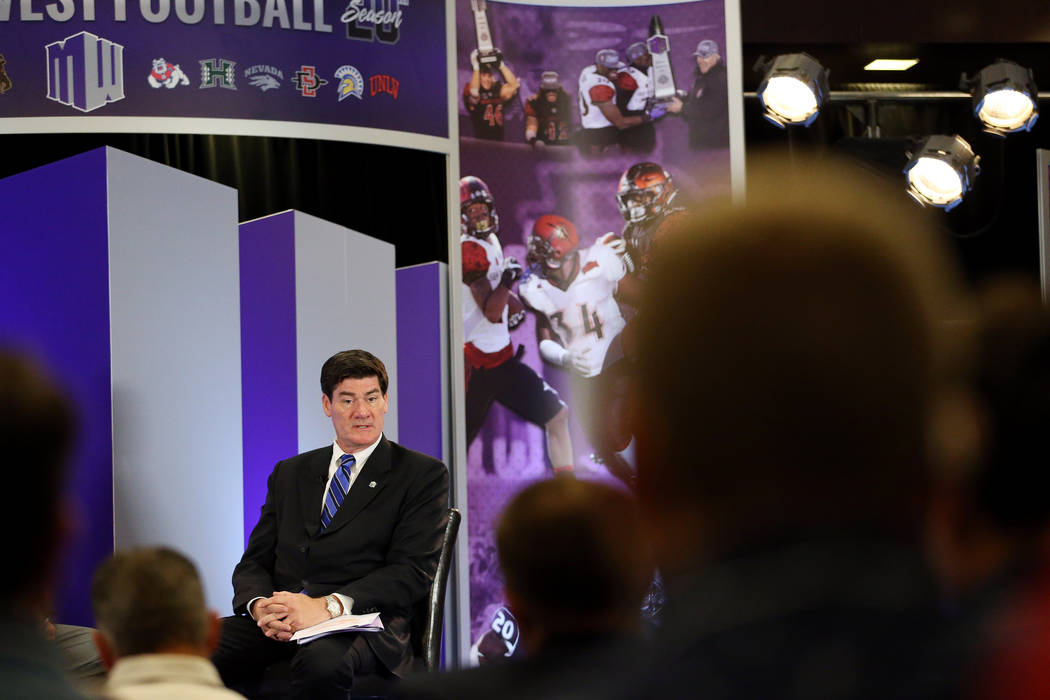 Commissioner Craig Thompson speaks during a press conference in the Mountain West Conference football media day at the Cosmopolitan hotel-casino in Las Vegas, Tuesday, July 24, 2018. Erik Verduzco ...