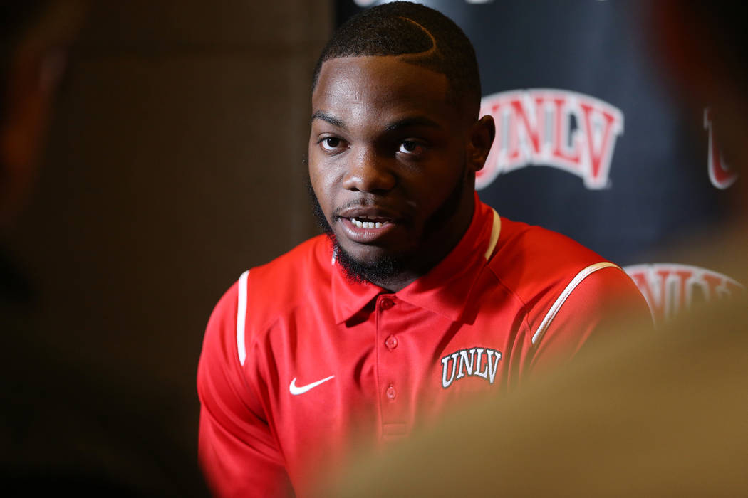 UNLV's Lexington Thomas is interviewed during the Mountain West Conference football media day at the Cosmopolitan hotel-casino in Las Vegas, Wednesday, July 25, 2018. Erik Verduzco Las Vegas Revie ...