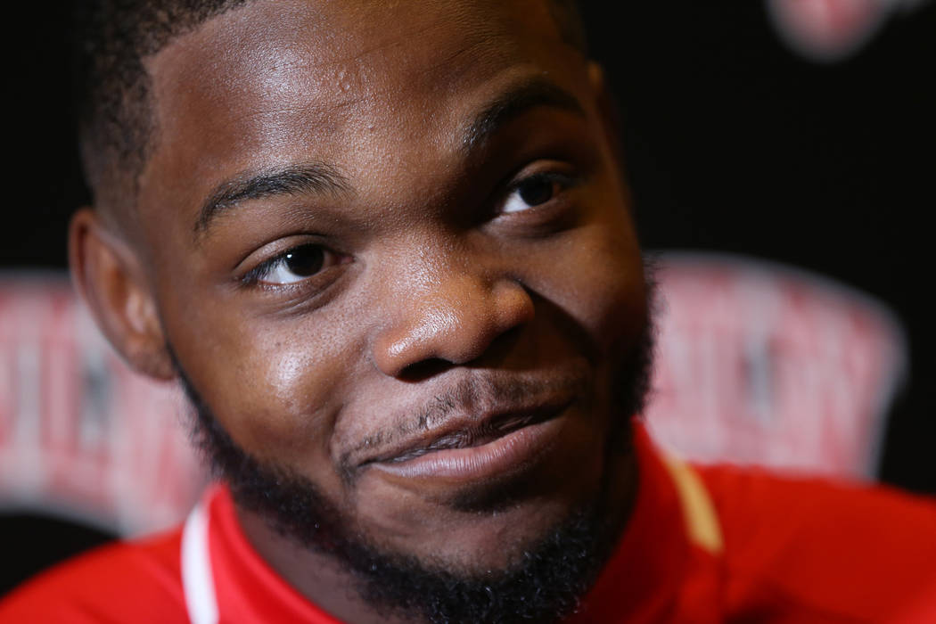 UNLV's Lexington Thomas is interviewed during the Mountain West Conference football media day at the Cosmopolitan hotel-casino in Las Vegas, Wednesday, July 25, 2018. Erik Verduzco Las Vegas Revie ...