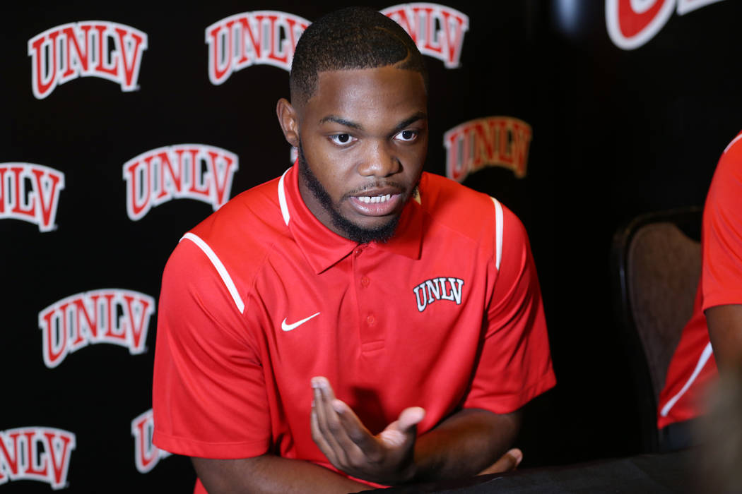 UNLV's Lexington Thomas is interviewed during the Mountain West Conference football media day at the Cosmopolitan hotel-casino in Las Vegas, Wednesday, July 25, 2018. Erik Verduzco Las Vegas Revie ...
