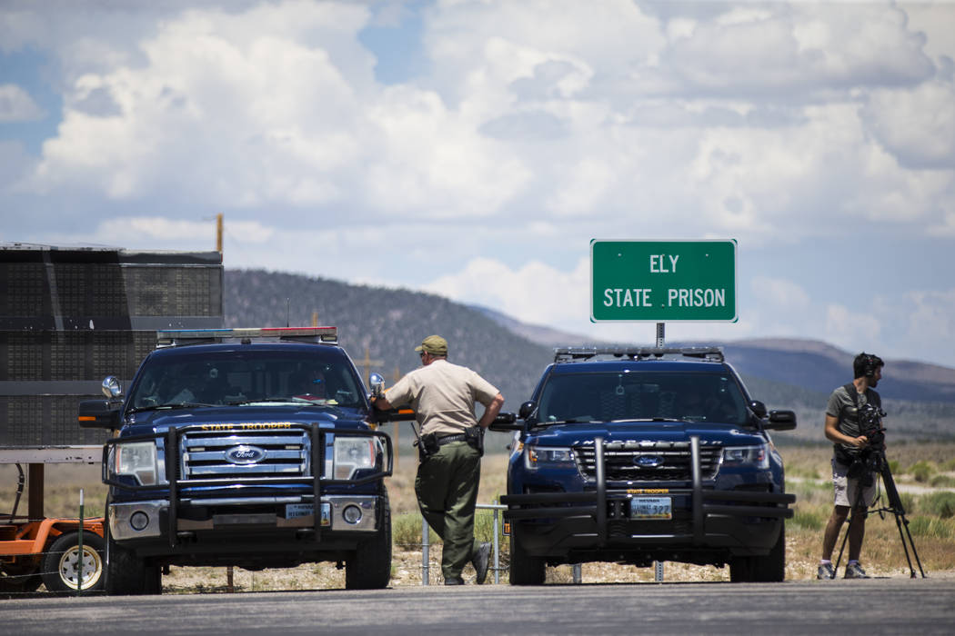 Law enforcement officials guard the entrance to Ely State Prison in Ely on Wednesday, July 11, 2018. Chase Stevens Las Vegas Review-Journal @csstevensphoto