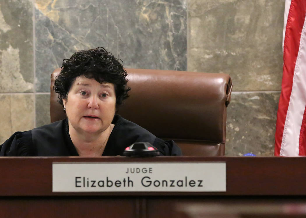 District Judge Elizabeth Gonzalez presides at the Regional Justice Center during a hearing on Wednesday, July 11, 2018, in Las Vegas. Drug manufacturer Alvogen filed suit in an effort to stop Neva ...