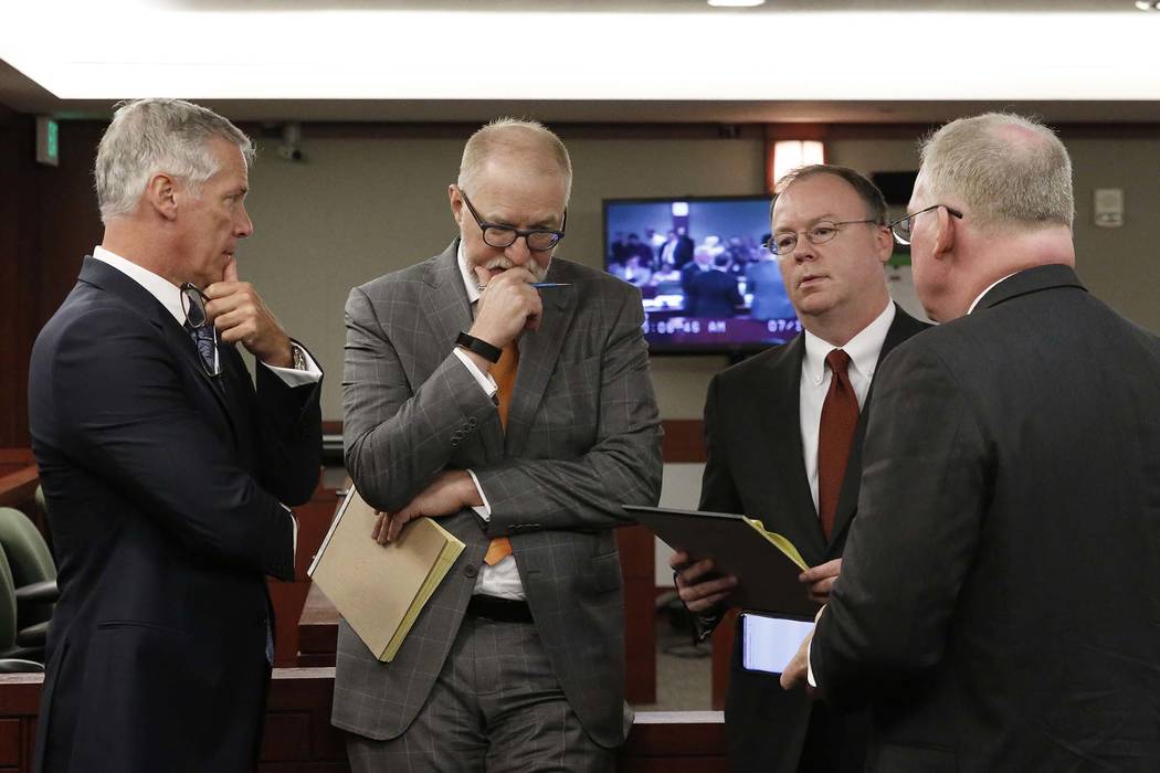 Attorneys James Pisanelli, left, Todd Bice, Kenneth Schuler and Michael Faris, representing drug manufacturer Alvogen, appear at the Regional Justice Center during a hearing on Wednesday, July 11, ...