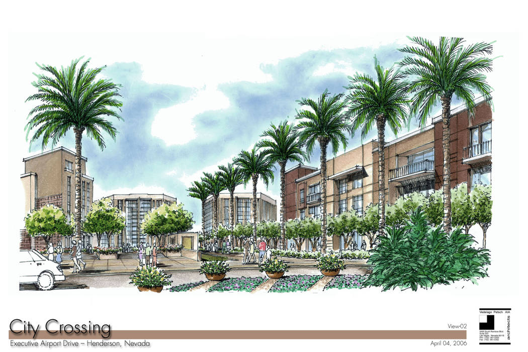 A rendering of the City Crossing mixed-use project is shown courtesy of Plise Development. The project broke ground in Nov. 2007, near the Henderson Executive Airport, and was scheduled to be comp ...