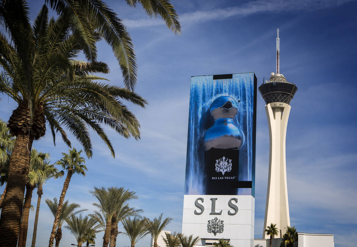 The SLS Las Vegas hotel-casino sign, 2535 South Las Vegas Boulevard, and the Stratosphere Tower ...
