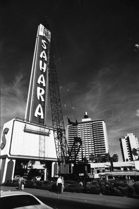 The Sahara hotel-casino erected a new 222 1/4 ft tall sign in 1980. Young Electric Sign Company ...