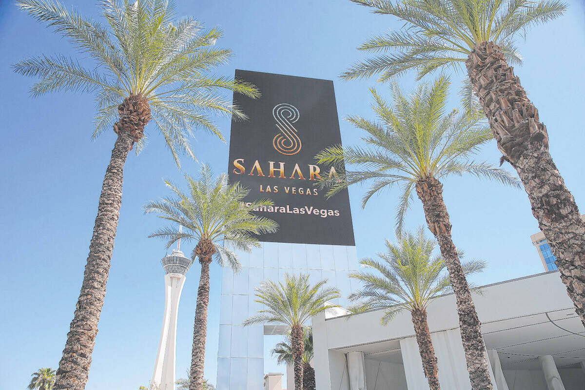 A screen shows the new branding for Sahara Las Vegas hotel-casino, formerly SLS Las Vegas, in L ...