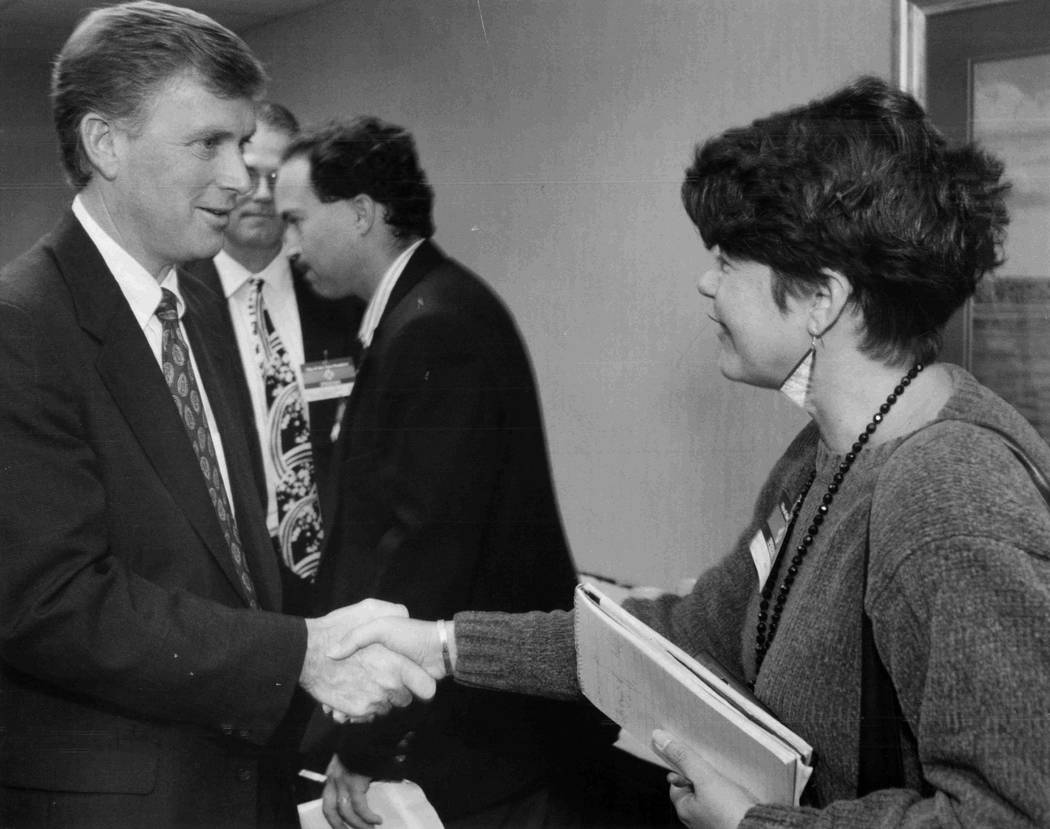 Vice President Dan Quayle shakes hands with political reporter Jane Ann Morrison when he came to Las Vegas and met with the Las Vegas Review-Journal editorial board. He served from 1089 to 1993. ( ...