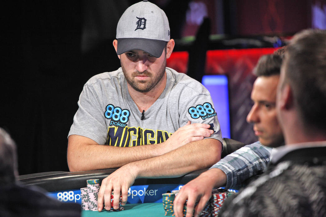 Joe Cada on the seventh day of the World Series of Poker at the Rio Convention Center in Las Vegas, Wednesday, July 11, 2018. By the end of the night there will be only nine players left. Rachel A ...