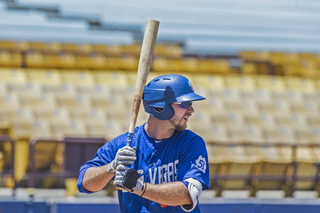 51s first baseman Peter Alonso (34) waits for a pitch during Las Vegas' home matchup with the Reno Aces on Sunday, June 24, 2018, at Cashman Field, in Las Vegas. Benjamin Hager Las Vegas Review-Jo ...