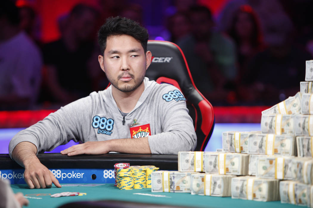 John Cynn on day three of the main event final table at the World Series of Poker tournament at the Rio Convention Center in Las Vegas, Saturday, July 14, 2018. He faces John Cynn for first place. ...