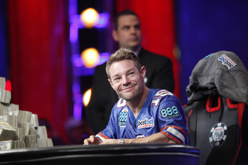 Tony Miles smiles on day three of the main event final table at the World Series of Poker tournament at the Rio Convention Center in Las Vegas, Saturday, July 14, 2018. He faces John Cynn for firs ...