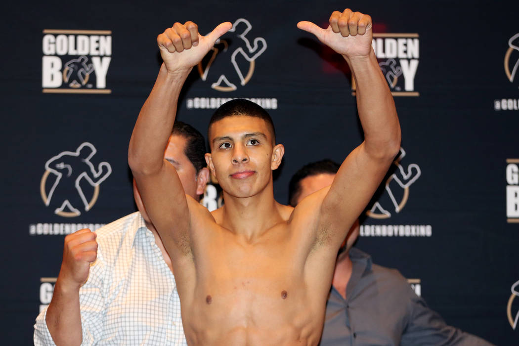 Jaime Munguia during his official weigh-in at the Hard Rock Hotel in Las Vegas, Friday, July 20, 2018. Munguia is fighting Liam Smith in the WBO Junior Middleweight World Championship bout on Satu ...
