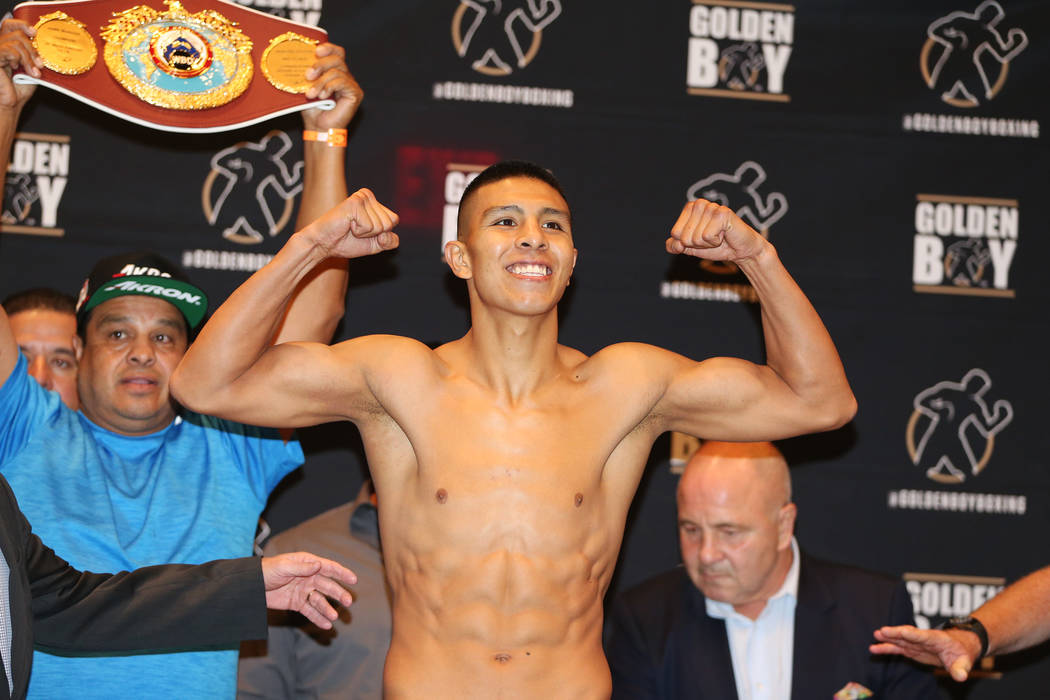 Jaime Munguia during his official weigh-in at the Hard Rock Hotel in Las Vegas, Friday, July 20, 2018. Munguia is fighting Liam Smith in the WBO Junior Middleweight World Championship bout on Satu ...