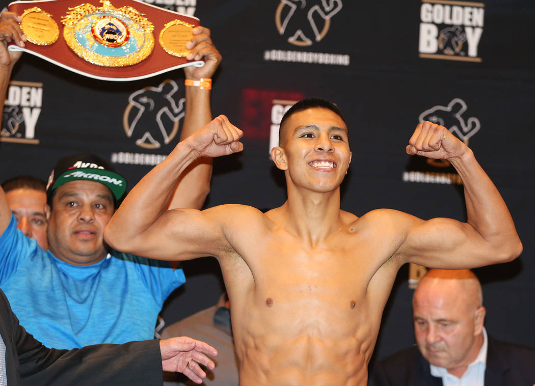 Jaime Munguia during his official weigh-in at the Hard Rock Hotel in Las Vegas, Friday, July 20, 2018. Munguia is fighting Liam Smith in the WBO Junior Middleweight World Championship bout on Satu ...