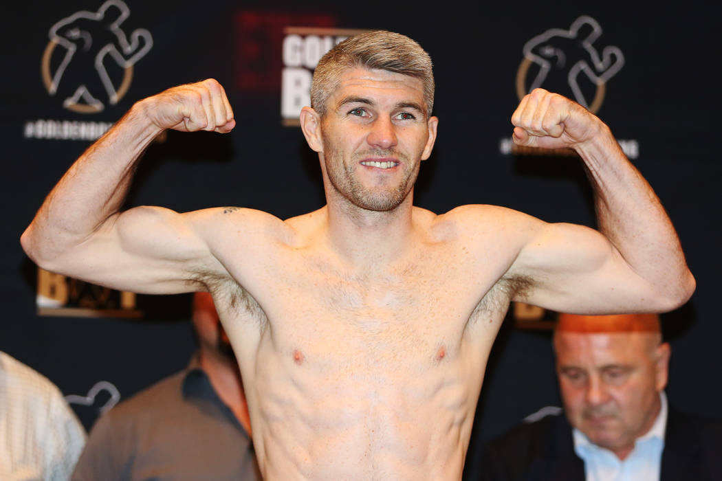 Liam Smith during his official weigh-in at the Hard Rock Hotel in Las Vegas, Friday, July 20, 2018. Smith is fighting Jaime Munguia in the WBO Junior Middleweight World Championship bout on Saturd ...