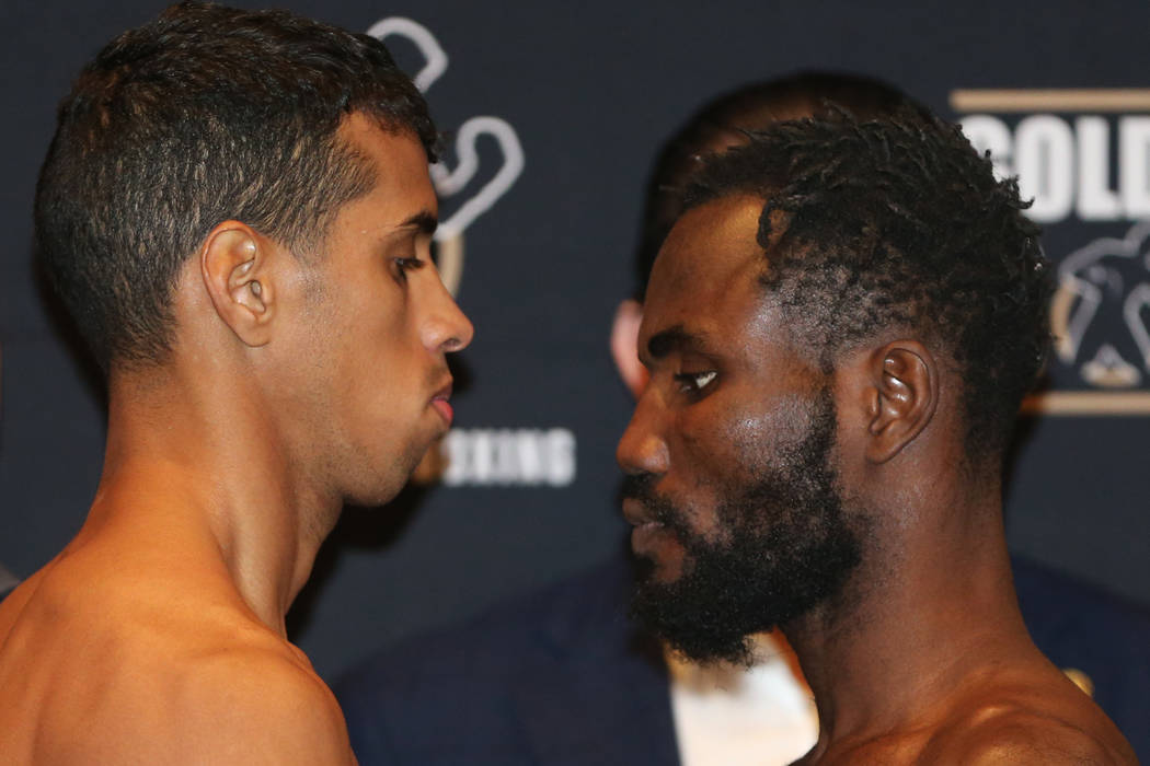 Alberto Machado, left, and Rafael Mensah during their official weigh-in event at the Hard Rock Hotel in Las Vegas, Friday, July 20, 2018. Machado and Mensah are fighting for the WBA Super Featherw ...