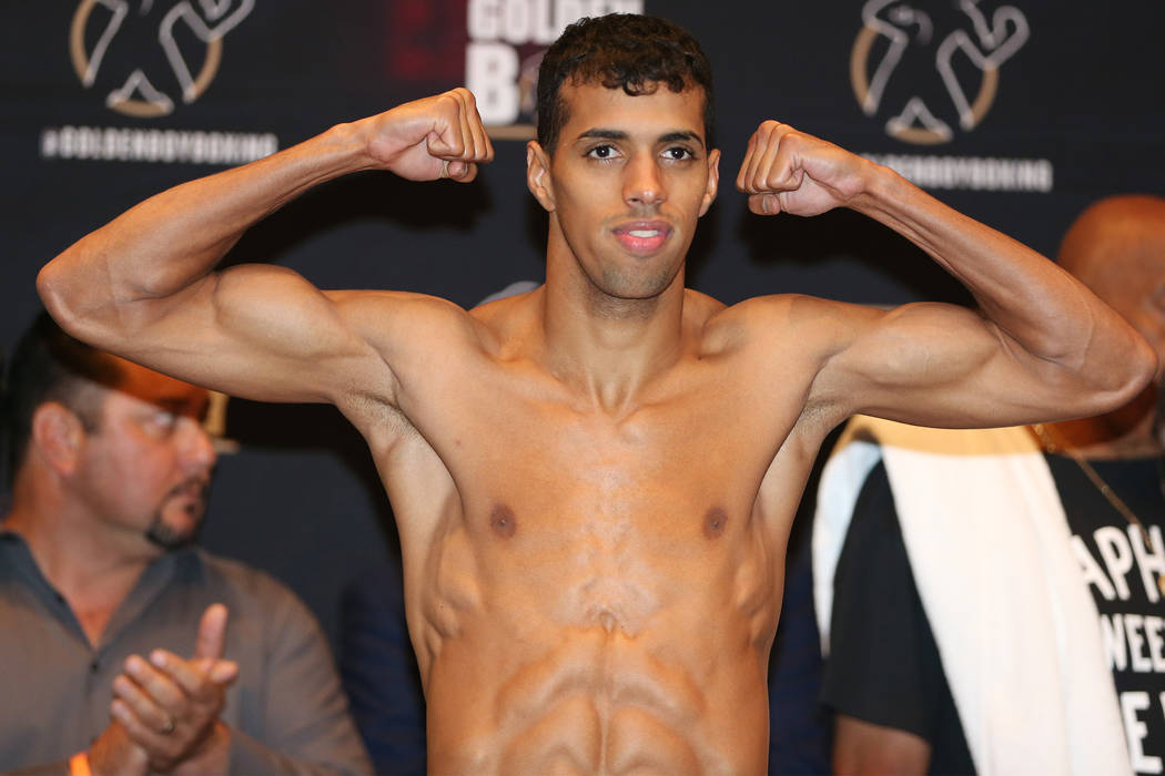 Alberto Machado during his official weigh-in at the Hard Rock Hotel in Las Vegas, Friday, July 20, 2018. Machado is fighting Rafael Mensah in the WBA Super Featherweight World Championship bout on ...