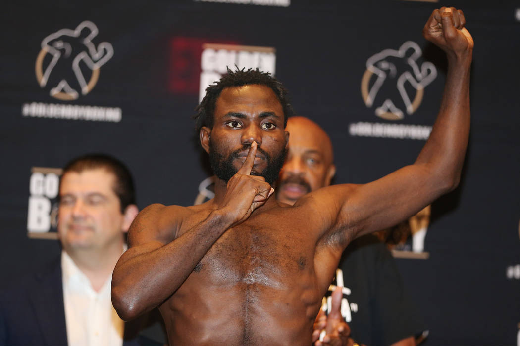 Rafael Mensah during his official weigh-in at the Hard Rock Hotel in Las Vegas, Friday, July 20, 2018. Mensah is fighting Alberto Machado in the WBA Super Featherweight World Championship bout on ...