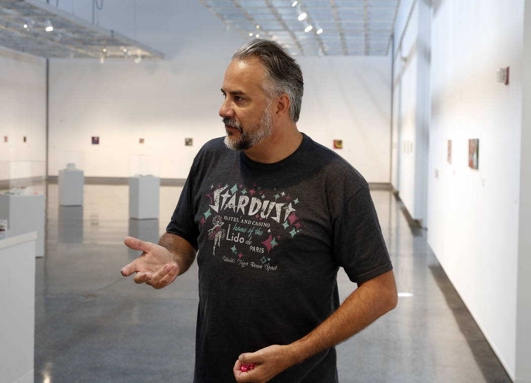 The Las Vegas artist, Jerry Misko, talks about his show, "Polyhedral" at The Studio at Sahara West Library, on Monday, July 16, 2018, in Las Vegas. Bizuayehu Tesfaye/Las Vegas Review-Jou ...