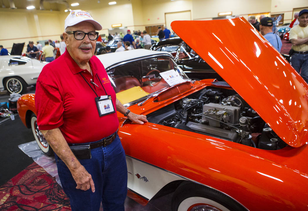 Dave Ewan of the National Corvette Restorers Society poses with a 1957 Corvette with a fuel injection engine at the South Point in Las Vegas on Tuesday, July 17, 2018. This model and engine was th ...