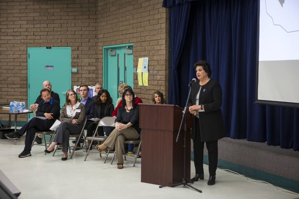 Sylvia Lazos, policy director of Educate Nevada Now, speaks at an announcement of the Fund Our Future Nevada campaign at Bill Y. Tomiyasu Elementary School in Las Vegas on Tuesday, Feb. 13, 2018. ...