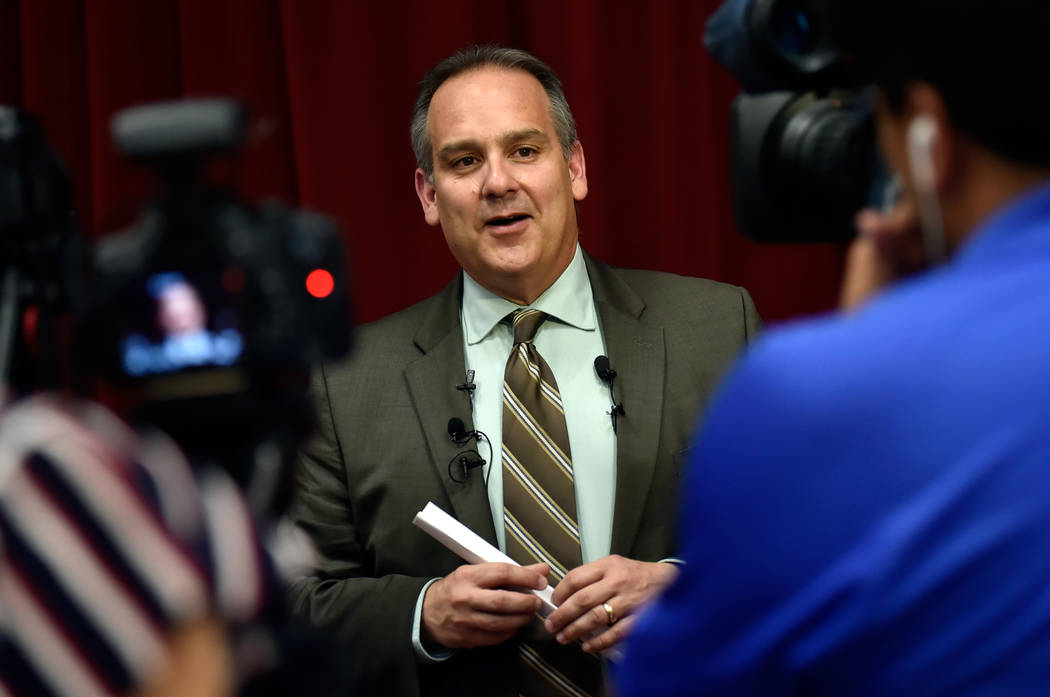 Clark County school's superintendent Jesus Jara speaks with reporters after dining with students at Red Rock Elementary School Tuesday, July 10, 2018, in Las Vegas. The newly hired school boss sto ...