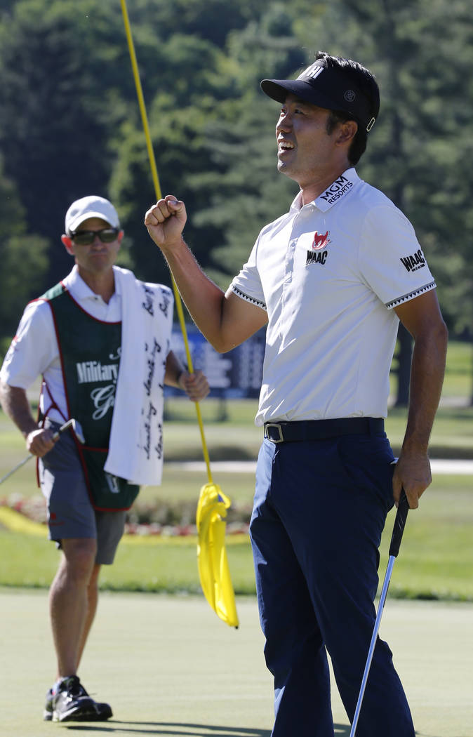 Kevin Na reacts as he wins the Military Tribute PGA Tour Golf Tournament at the Greenbrier in White Sulphur Springs, W. Va., Sunday, July 8, 2018. Na finished 5 strokes ahead at 19-under-par. (AP ...