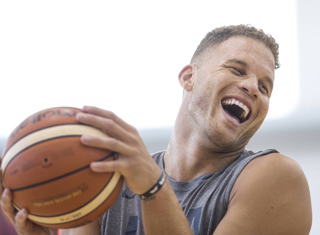 Los Angeles Clippers forward Blake Griffin (40) shares a laugh with teammates during Team USA basketball's minicamp on Thursday, July 26, 2018, at the Mendenhall Center, in Las Vegas. Benjamin Hag ...