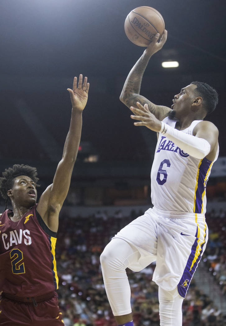 Los Angeles Lakers guard Xavier Rathan-Mayes (6) shoots over Cleveland Cavaliers guard Collin Sexton (2) in the third quarter during the NBA Summer League semifinals on Monday, July 16, 2018, at t ...