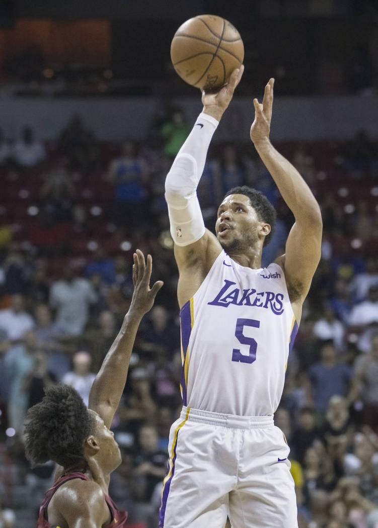 Los Angeles Lakers guard Josh Hart (5) shoots over Cleveland Cavaliers guard Collin Sexton (2) in the fourth quarter during the NBA Summer League semifinals on Monday, July 16, 2018, at the Thomas ...