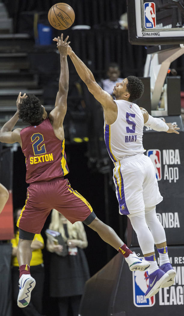 Los Angeles Lakers guard Josh Hart (5) defends Cleveland Cavaliers guard Collin Sexton (2) in the first quarter during the NBA Summer League semifinals on Monday, July 16, 2018, at the Thomas &amp ...