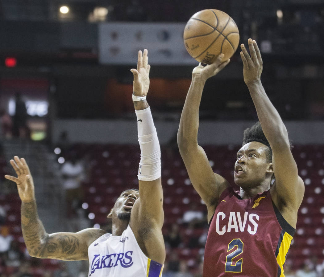 Cleveland Cavaliers guard Collin Sexton (2) shoots over Los Angeles Lakers guard Xavier Rathan-Mayes (6) in the first quarter during the NBA Summer League semifinals on Monday, July 16, 2018, at t ...