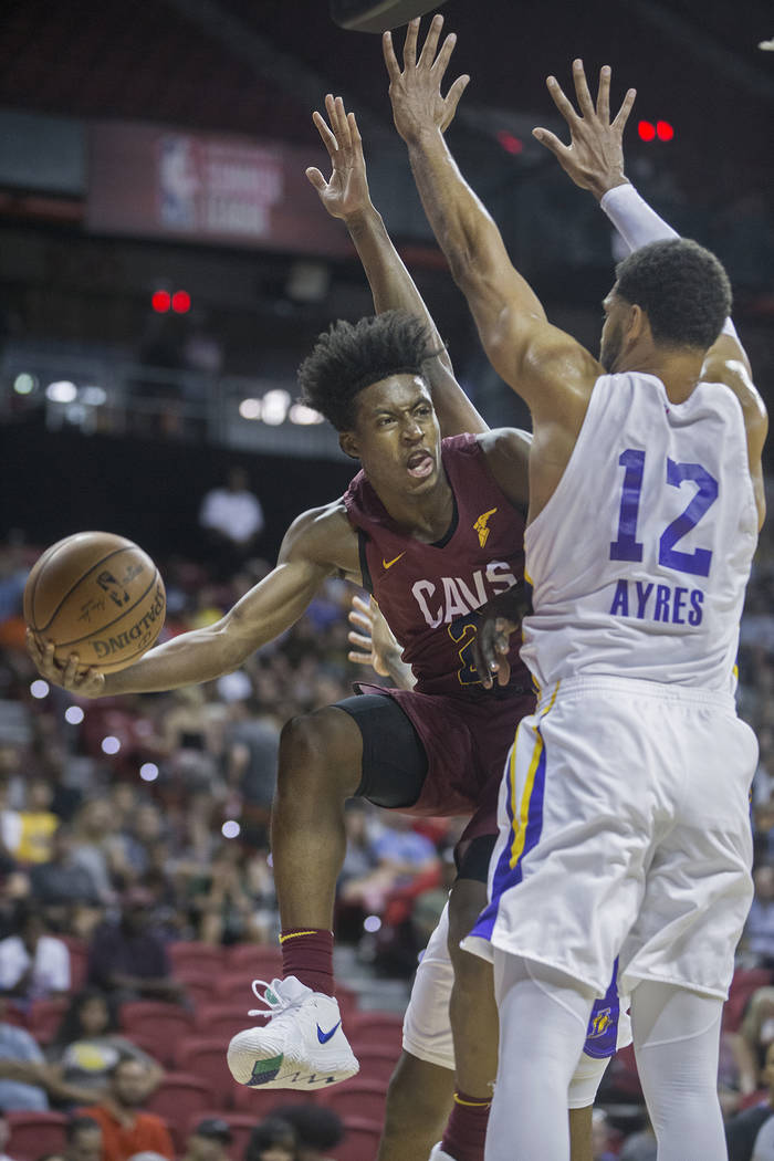Cleveland Cavaliers guard Collin Sexton (2) drives baseline past Los Angeles Lakers forward Jeff Ayres (12) in the second quarter during the NBA Summer League semifinals on Monday, July 16, 2018, ...