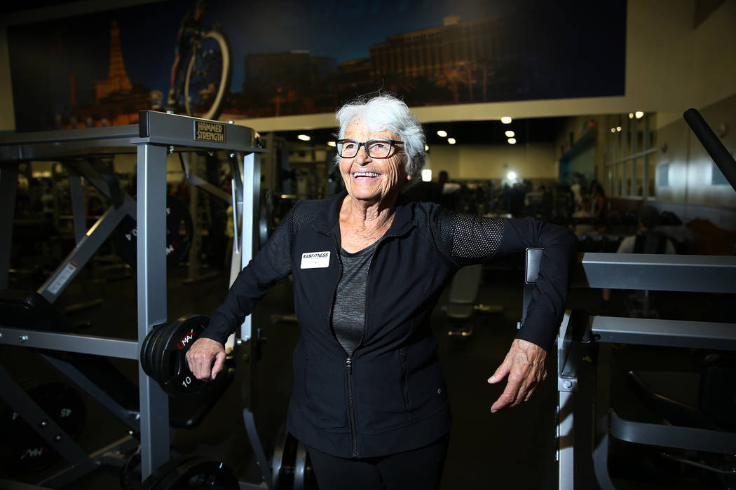 Fitness coach Olga Connolly, left, 85, at the EoS Fitness gym, 7070 S Durango Drive, in Las Vegas, Wednesday, July 18, 2018. Connolly is a former Olympian who won a gold medal in 1956. Erik Verduz ...