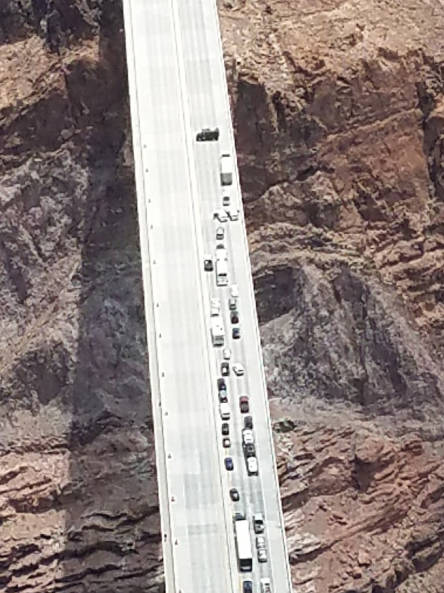 Matthew Wright of Henderson blocks the southbound lanes on the Mike O’Callaghan-Pat Tillman Bridge near the Hoover Dam on Friday. (Arizona Department of Public Safety)