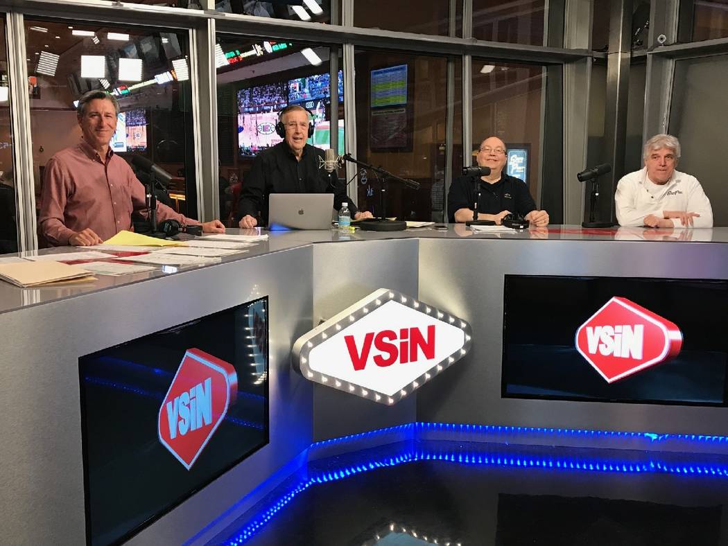 Broadcast legend Brent Musburger (second from left) and his Guys in the Desert: Oddsmakers (from left) Vinny Magliulo, Chris Andrews and Jimmy Vaccaro (Courtesy: VSiN)