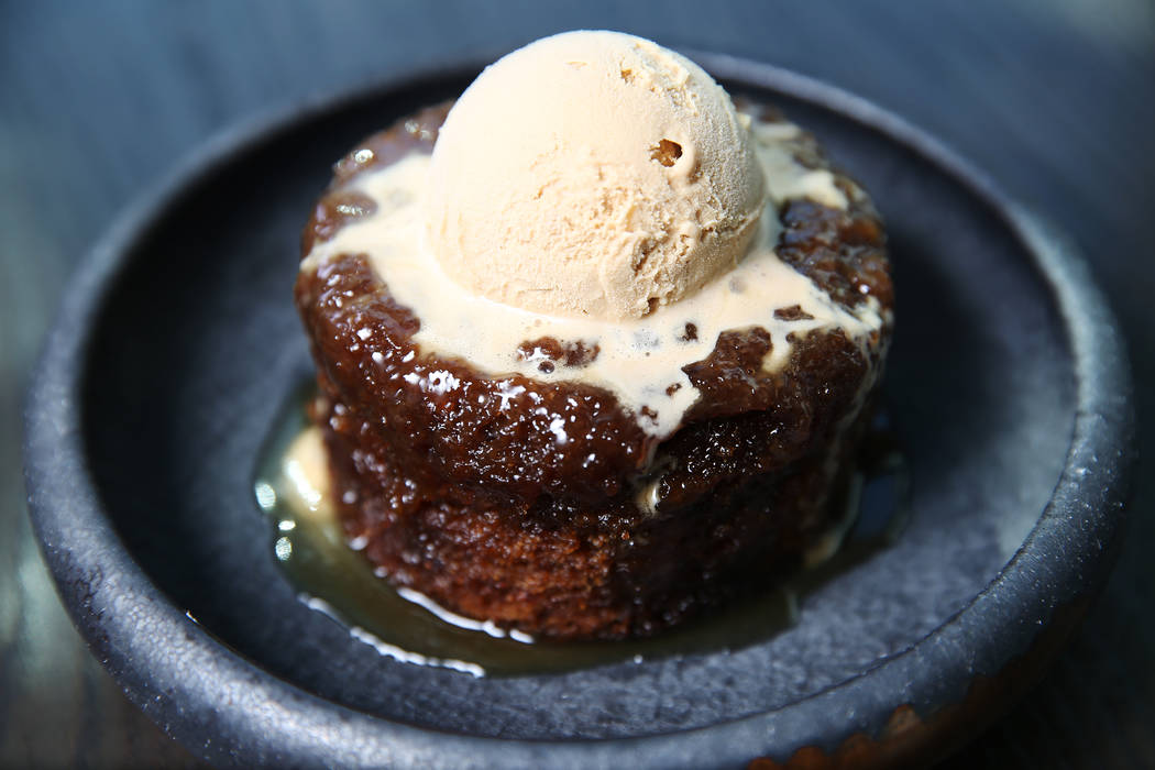 The sticky toffee pudding served with speculoos ice cream, at Gordon Ramsay Hell's Kitchen in Las Vegas, Tuesday, July 17, 2018. Erik Verduzco Las Vegas Review-Journal @Erik_Verduzco