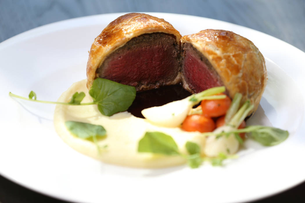 The beef wellington, served with potato puree, glazed root vegetables