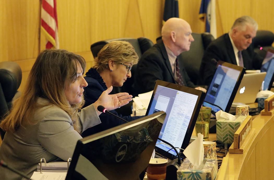 Commissioner Marilyn Kirkpatrick, left, speaks during a Clark County Commission meeting, Tuesday, Nov. 15, 2016. (Bizuayehu Tesfaye/Las Vegas Review-Journal) @bizutesfaye